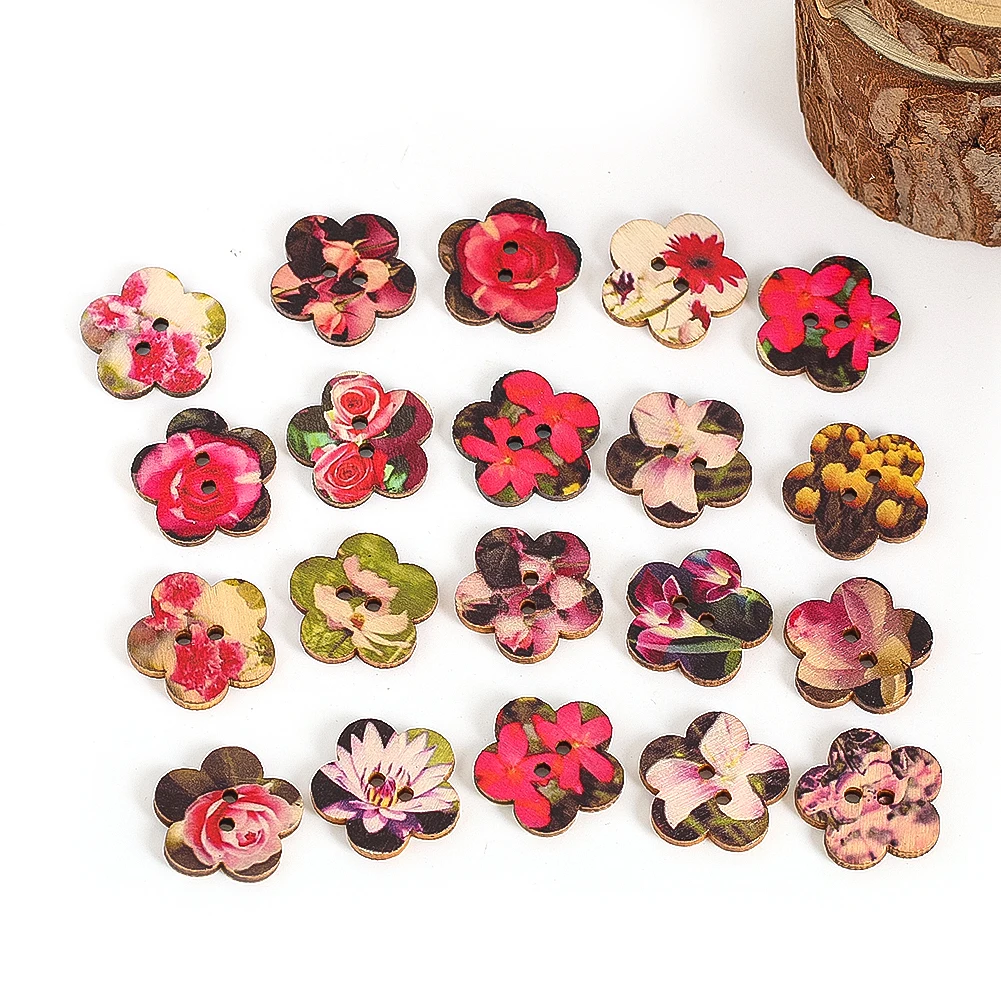 

50PC Colored Painted Flower Shape Wooden Button 25MM 2-holes Flatback Buttons for Clothes Shirt Cufflinks DIY Sewing Accessorie