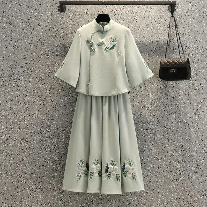 فستان نسائي كبير الحجم Hanfu محسن ، طراز صيني ، بلوزة ضيقة ، مجموعة تنورة مطرزة ، فستان أخضر عتيق ، ربيع ، صيف ، جديد