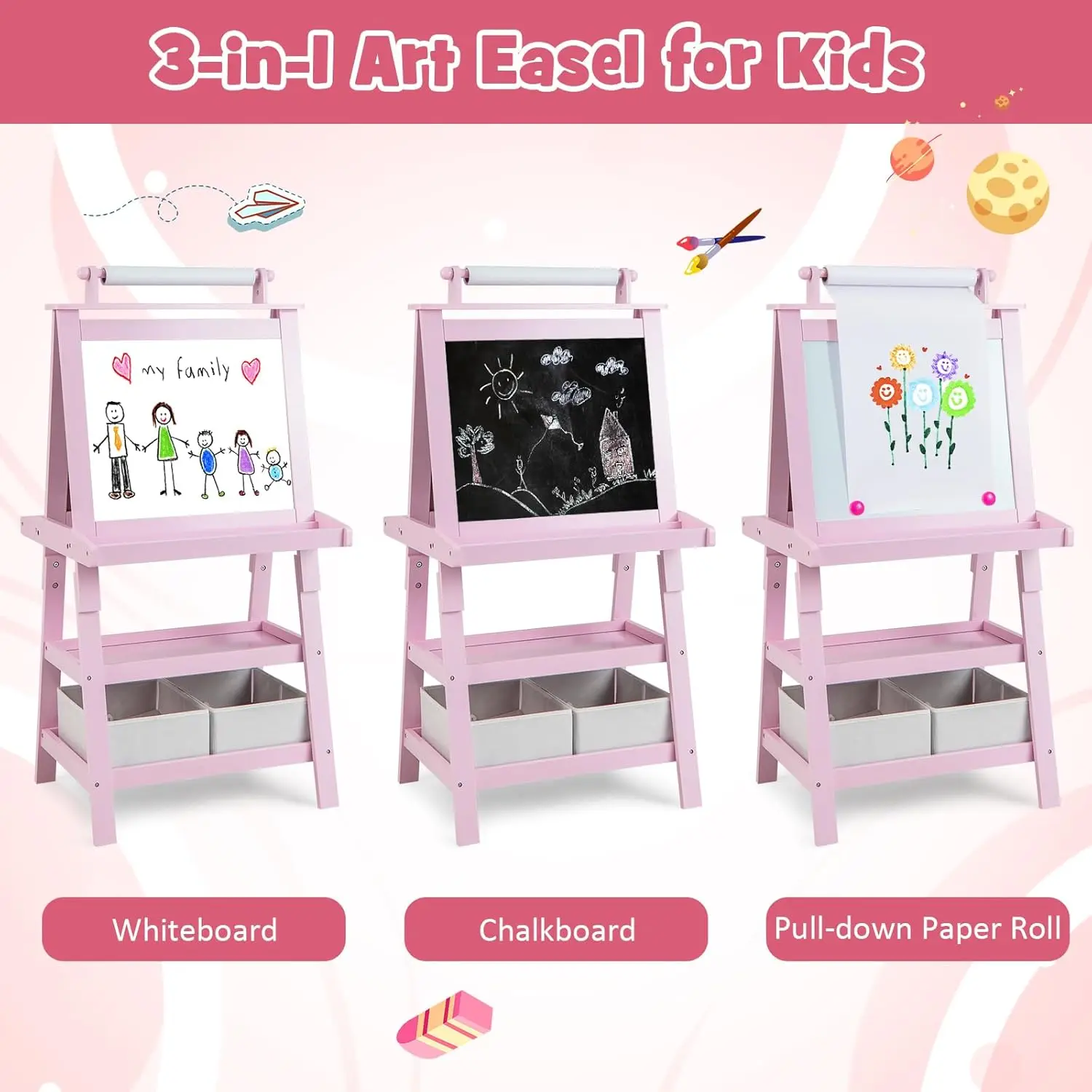 Kids Art Easel, 3 in 1 Double-Sided Painting Easel w/Magnetic Whiteboard, Chalkboard & Paper Roll, 2-Tier Storage Rack