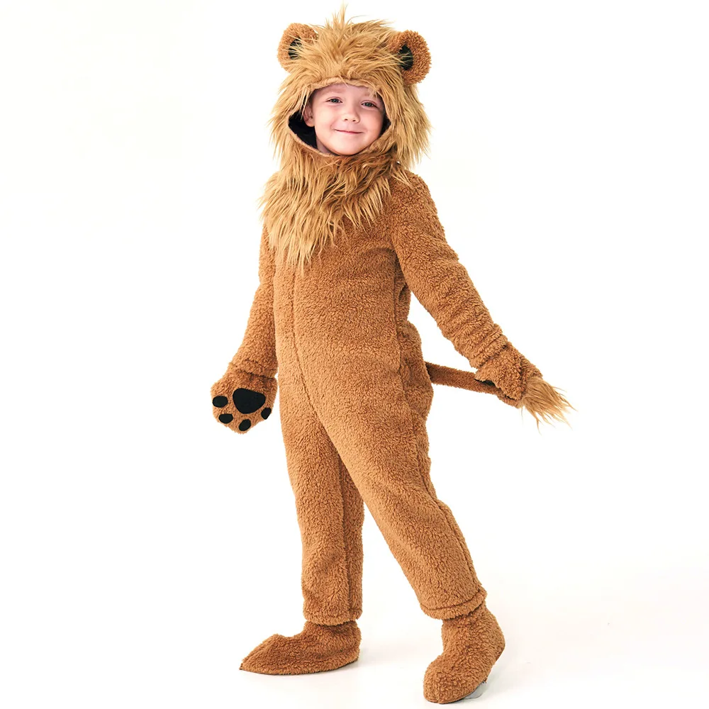 Cute Kids Baby Halloween Lion Cosplay Costumes Downy Brown Color Winter Cute Animal Cosplay Jumpsuit Sets With ACC