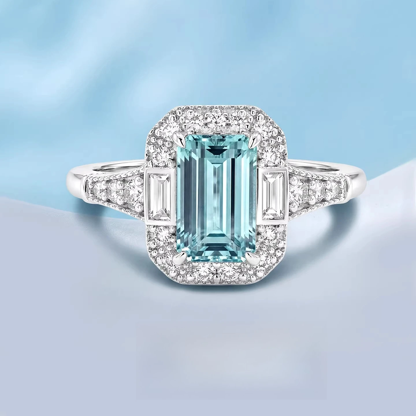 

S925 silver ring set with 1.5-carat sea blue zircon light luxury rectangular emerald cut women's jewelry