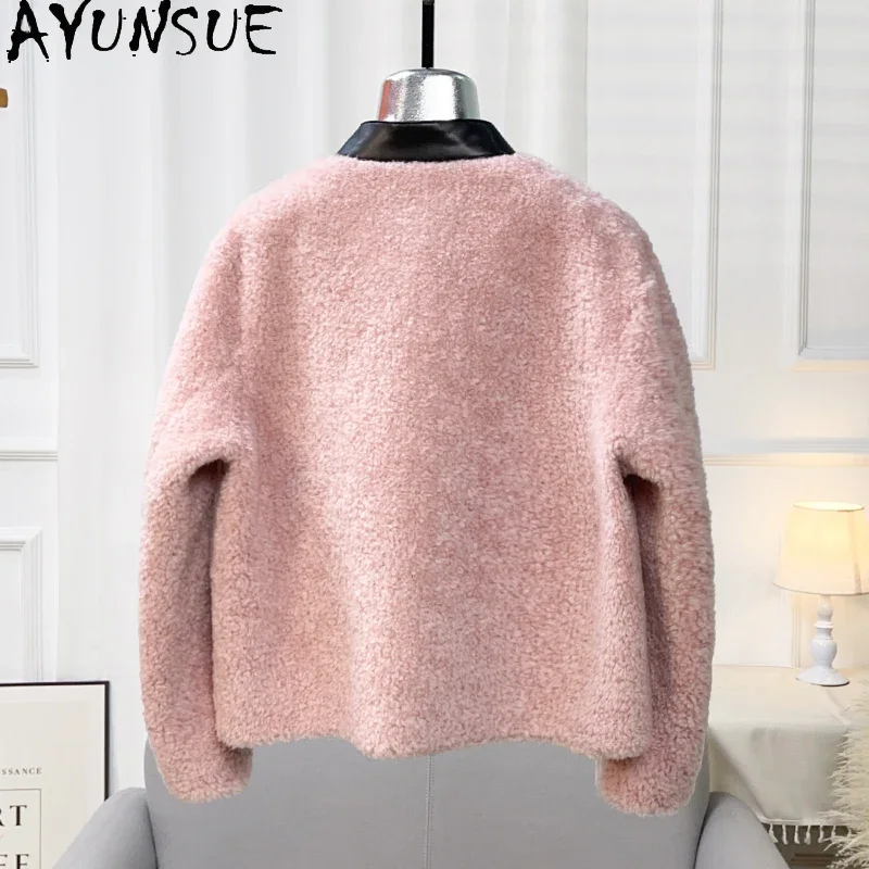 AYUNSUE 2023 New Autumn Winter Lamb Wool Jacket for Women Korean Style Polo Collar Short Sheep Shearing Coat Roupas Femininas