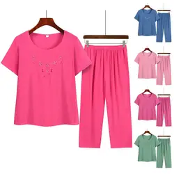 2Pcs/Set Cotton Linen Middle-aged Casual Tops Pants Sets Embroidery Flower Print O-neck Short Sleeve Wide Leg Mother Outfits