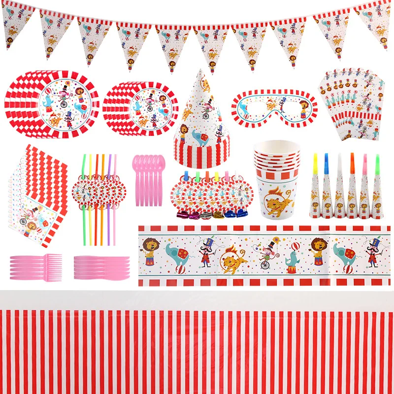 

Circus Themed Party Decorations, Striped Animals, Disposables, Cutlery Set, Plate, Cup, Mask, Kids, Birthday, Fun