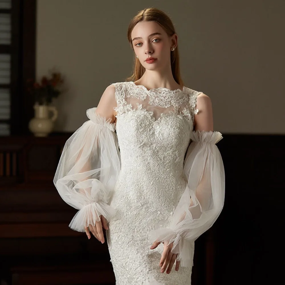 Soft Korean Style Bridal Arm Sleeves Yarn Solid Color Wedding Long Sleeves Lightweight Gauze Pleated Lace Arm Covers Female