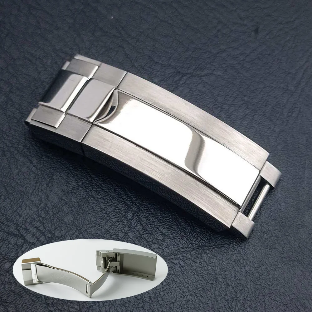 مشبك ساعة عالي الجودة 16 مم من الفولاذ المقاوم للصدأ المصقول بزر سحب مزدوج 9 مم ملحقات حزام ساعة قابل للتعديل