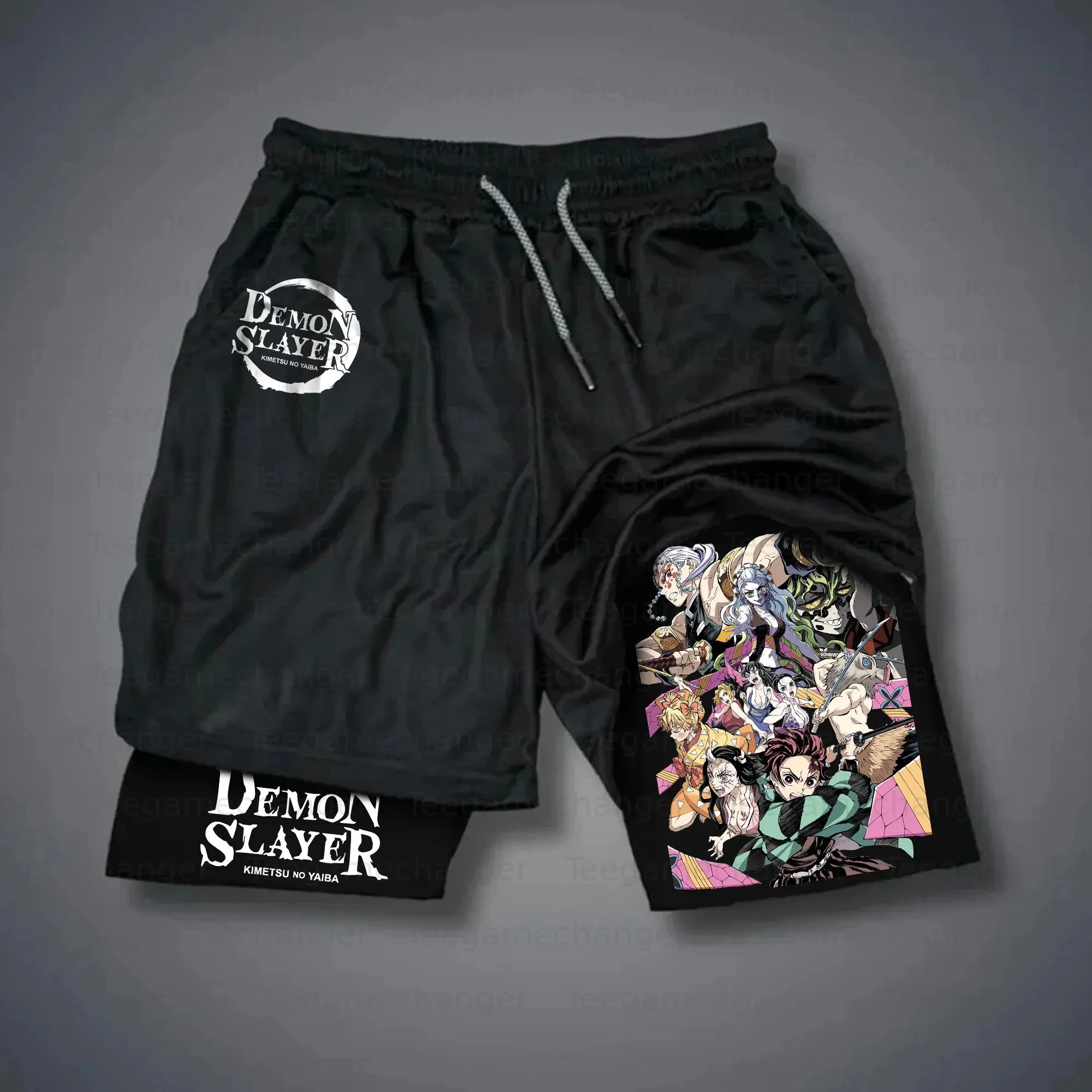 Pantalones cortos de doble capa con estampado de Anime Demon Slayer, pantalones cortos sueltos y de moda para Fitness y deportes de verano para hombres y mujeres Ins