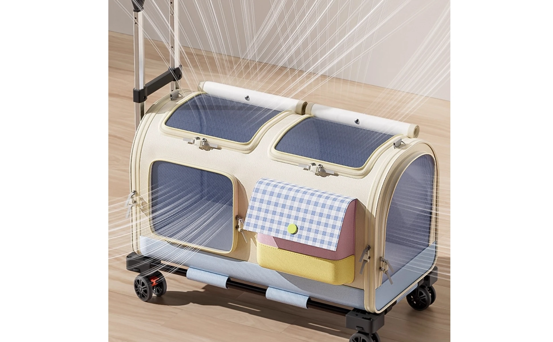 Feline Rolling Suitcase Telescopic Handle Pet Rolling Suitcase Multi-Feline Carrier Breathable Mesh Pet Carrier with Wheels