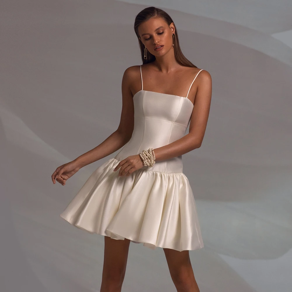 

Classy Short Bridal Gowns Satin A-line Wedding Party Dresses Ivory Spaghetti Strap Ruched Pleat Civil Wedding Dresses Mini 2025