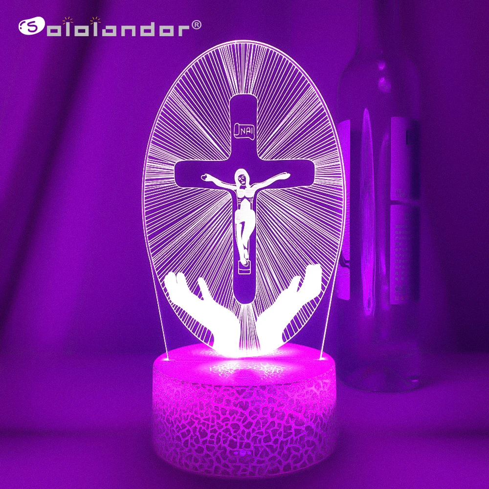 Jesus Cross 3D LED Night Light for Friends Xmas Easter Room Decor Gifts Crucifix Optical Illusion Desk Table Lamp Nightlight