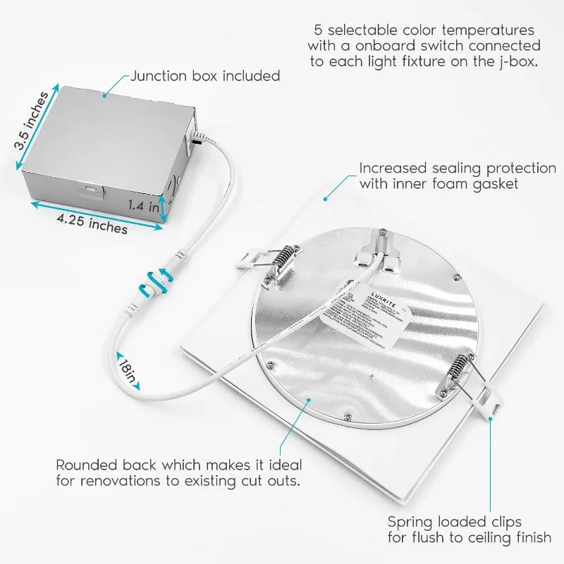 16 шт. 6-дюймовое ультратонкое квадратное встраиваемое светодиодное освещение, 5 вариантов цвета 2700K — 5000K, 2 Вт, IC и влажный рейтинг, 1000 люмен
