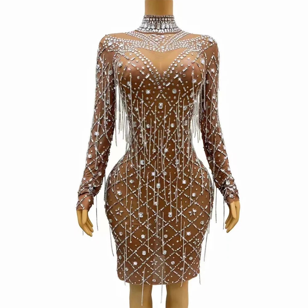 

Sexy Silver Crystals Fringes Rhinestones Brown Transparent Dress Birthday Celebrate See Through Singer Photoshoot Costume