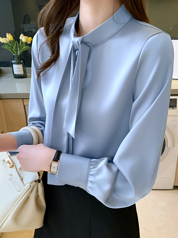 Women's Downs Shirts Long Sleeve Basic Classic Soft Shirt Collared Dressy Casual Solid Color Bow Blouse Long Sleeve Elegant Tops