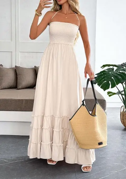 

2025 autumn and winter new women's fashion vacation style strapless hanging suspender long dress, women's dress