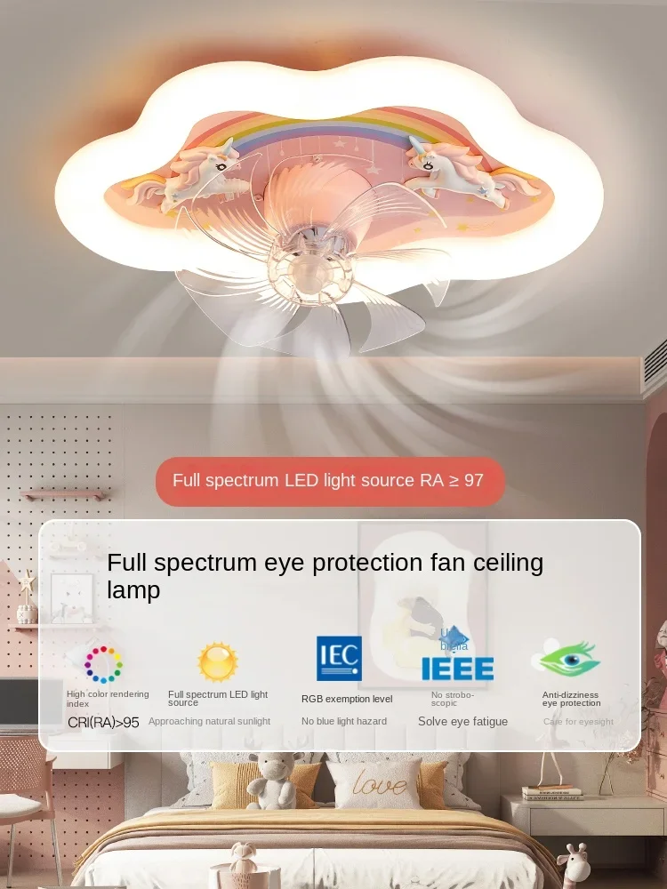 Children's room fan ceiling light girls' bedroom 360 degree shaking head 6 levels wind speed cool full spectrum ceiling light