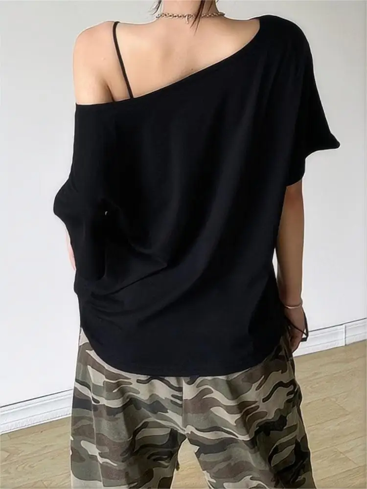 NUOMICI Korean K-pop Retro Oblique Collar Women Short-sleeved T-shirt Summer Niche Trend Loose Slim Versatile Off-shoulder Top - Image 2