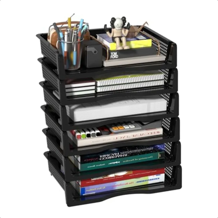 

6 Pack Office Stackable Letter Tray Plastic Stackable Paper Storage Basket Tray Black