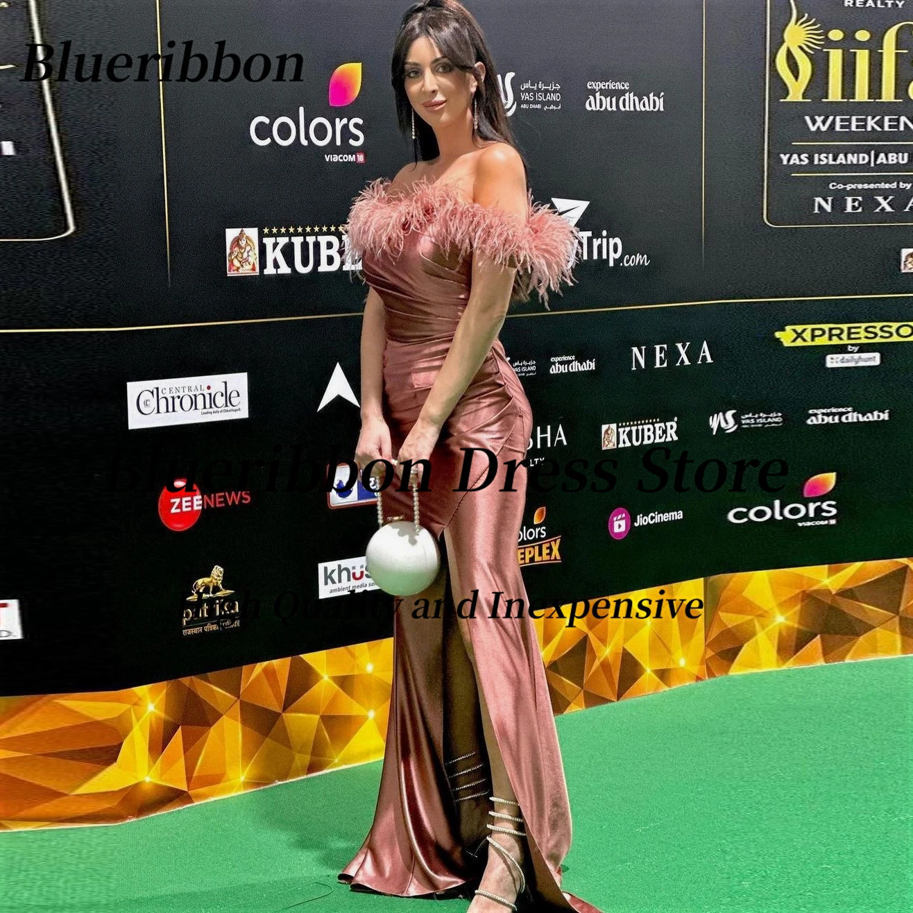 

Blueribbon Luxury Feathers Off Shoulder Prom Dresses for Celebrity Women Ruched Long Side Slit Mermaid Evening Party Gowns