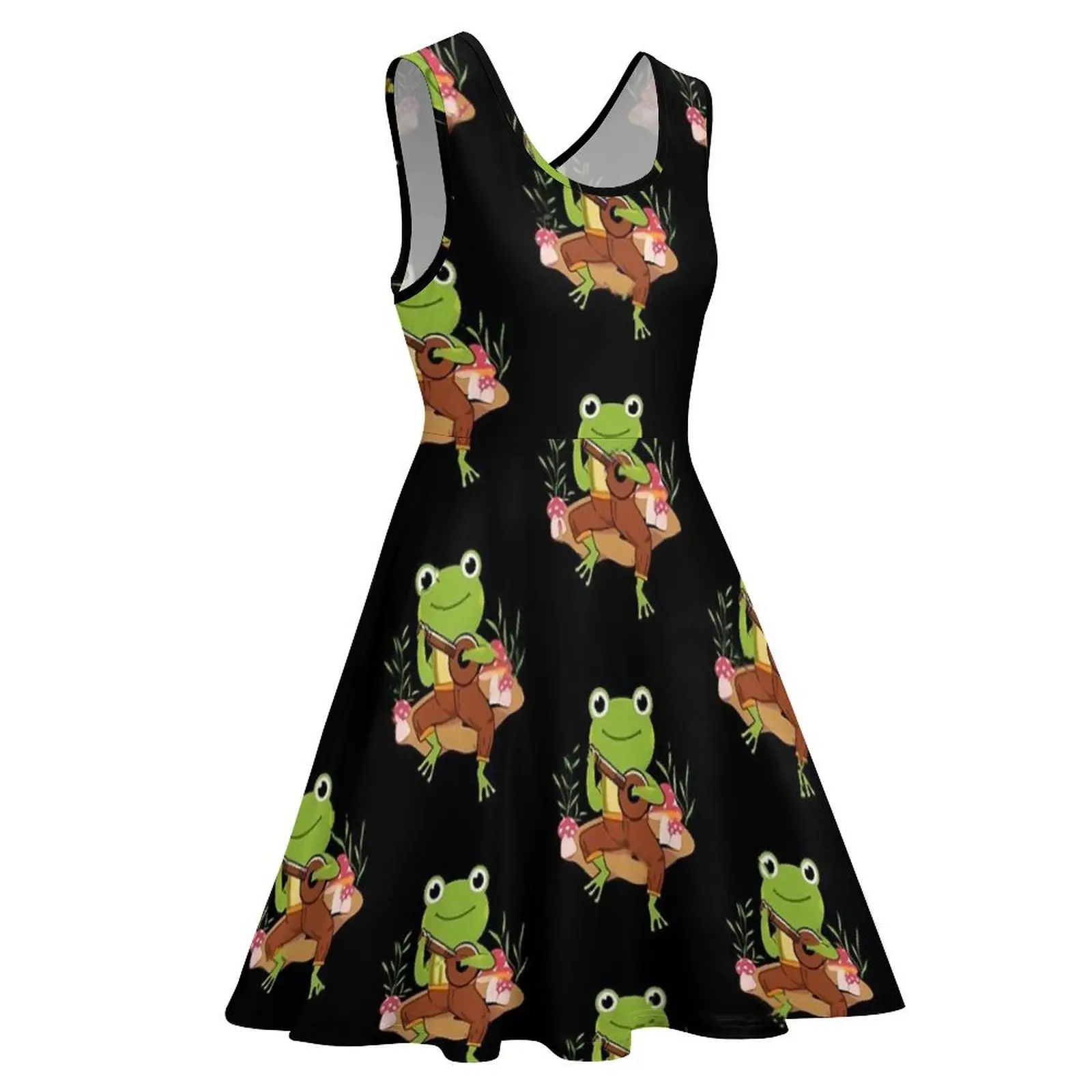 Kawaii Frog Playing Banjo Dress Fun Animal Casual Dresses Womens Beach Skate Dress Summer Graphic Clothing Big Size 3XL 4XL