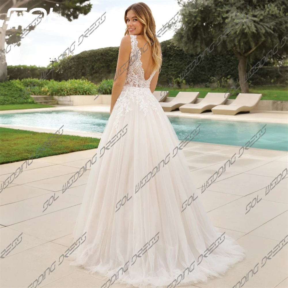 SOL-Robes de mariée en tulle avec appliques en dentelle, col en V simple, bretelles spaghetti, élégantes, dos nu, A-ligne, patients, quoi que ce soit, éducatif