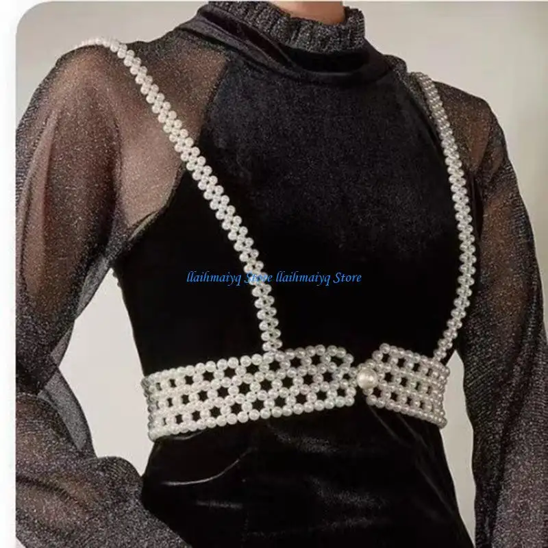 

573B Sexy Beaded Waist Belt for Woman Nightclub Body Belt with Pearl Beaded Suspender Body Chain for Seaside Party Jewelry