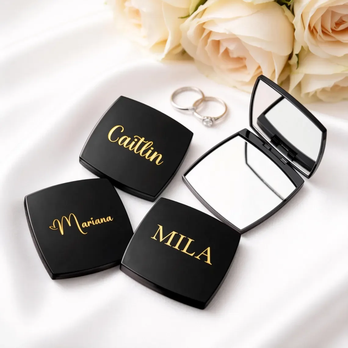 Personalized Engraved Compact Mirror, Matte Black Pocket Makeup Mirror, Dual Magnification, Bridesmaid Gift