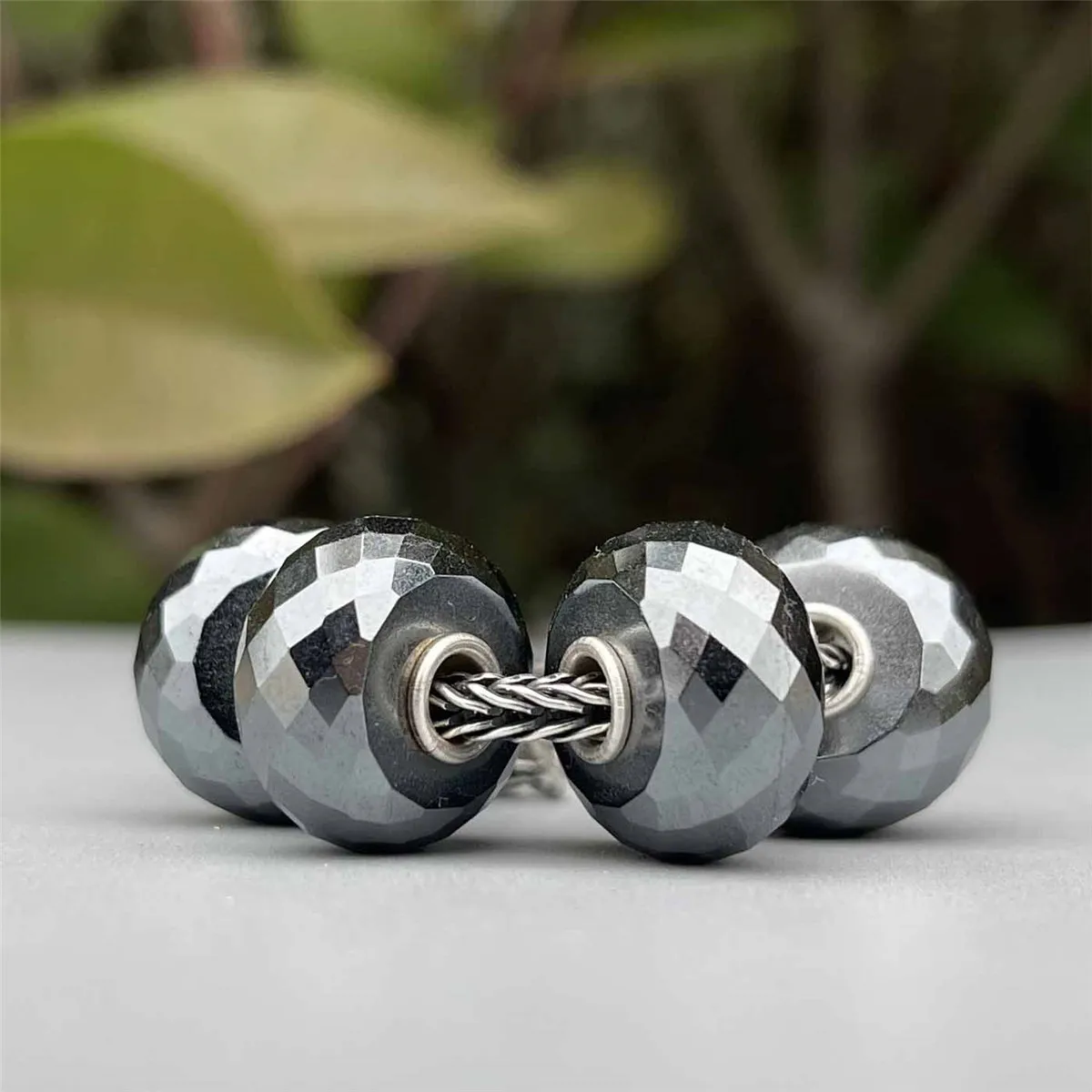 Mistletoe 925 Sterling Silver Faceted Natural Iron ore Stone Charm Bead Fit 3.6mm Bracelet Jewelry