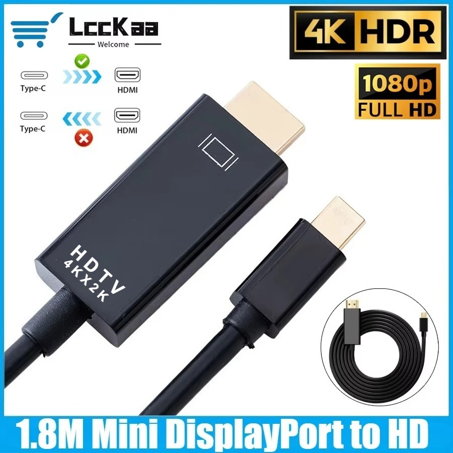 LccKaa Mini DisplayPort To HDMI-compatible Cable Adapter 1.8m Mini DP To HDMI-compatible for Laptop Projector Apple Mac Macbook