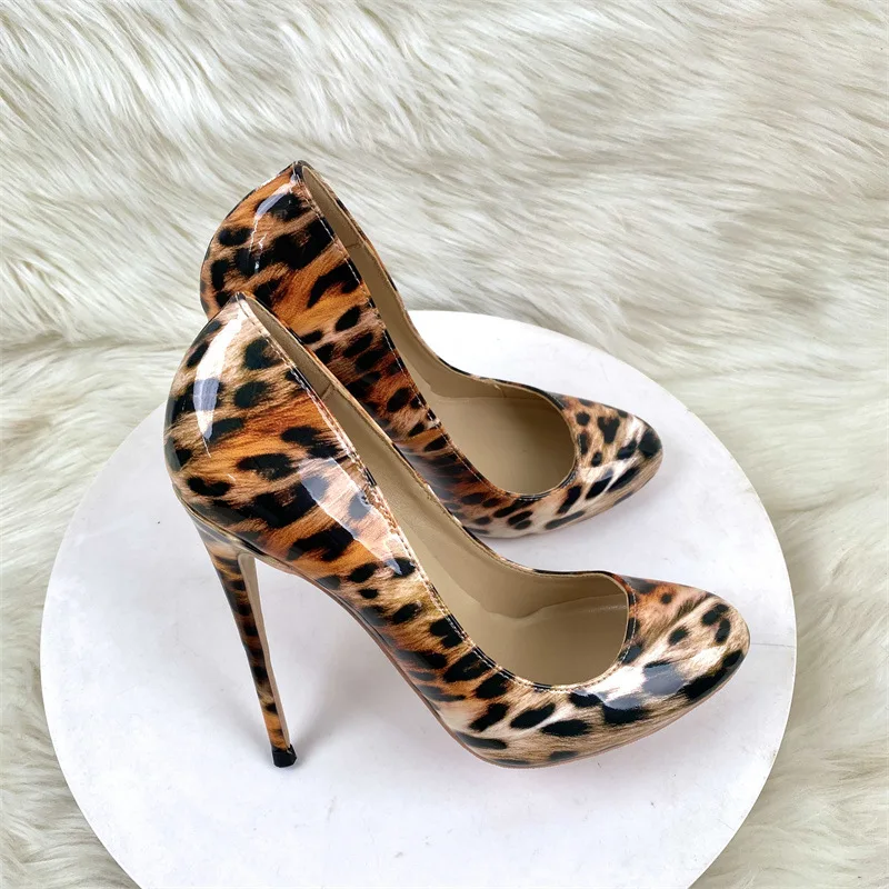 Tikicup 12cm/10cm Sexy High Heels Cute Mary Jane Leopard Patent Leather Stilettos Round toe Pumps Party Shoes Ladies Size33-46