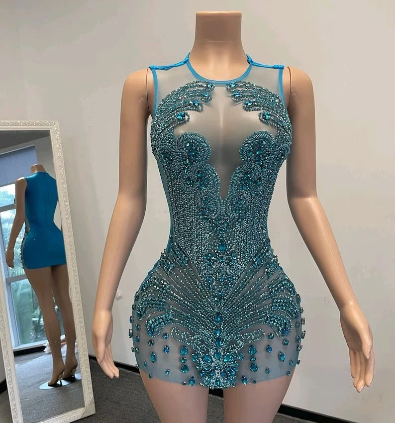 Женское платье для выпускного вечера, голубое платье в африканском стиле с бриллиантами