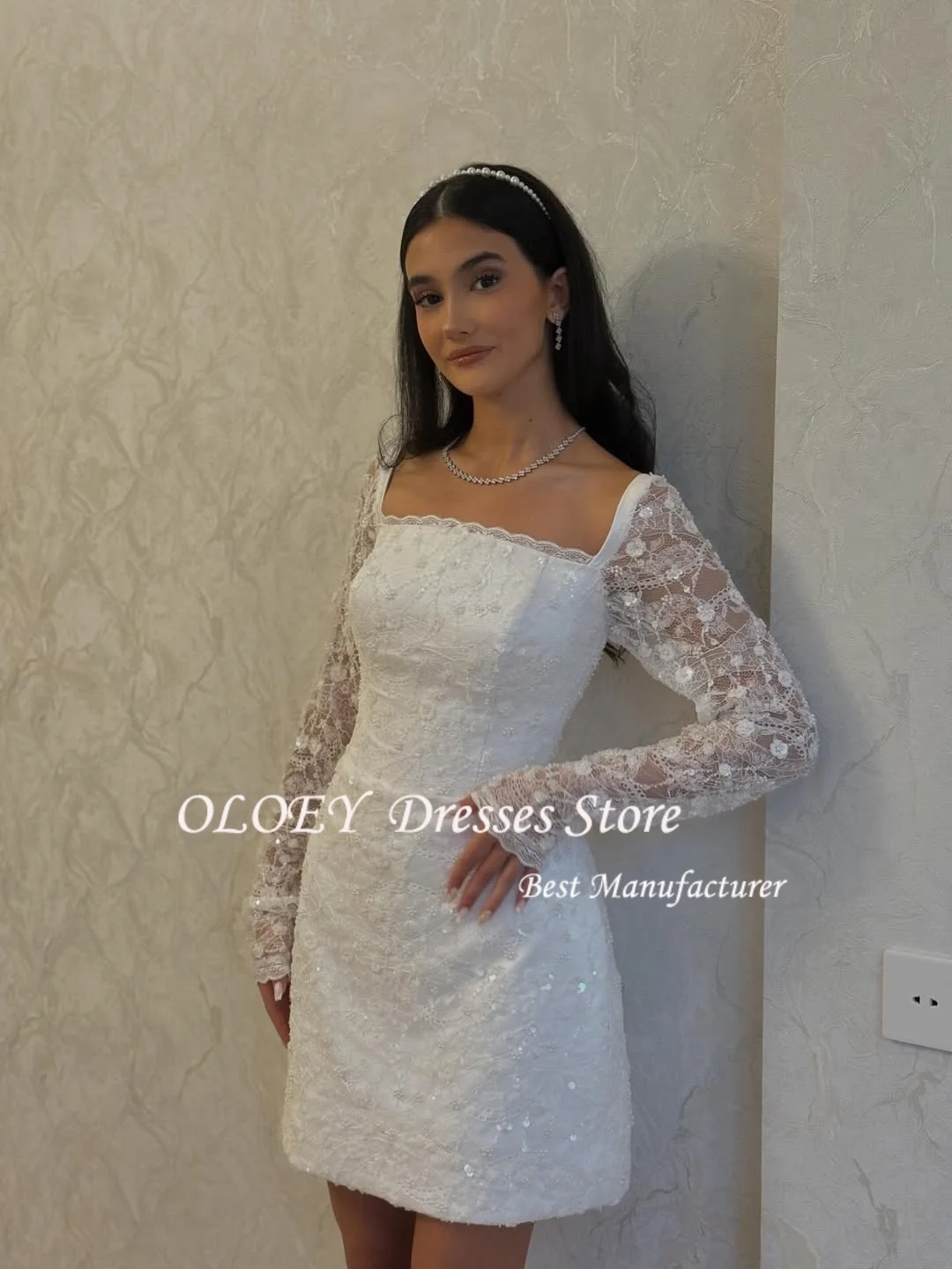 Oloey branco acima do joelho brilhante vestido de noite manga longa luxo lantejoulas formal vestido de baile dubai vestido de festa personalizado