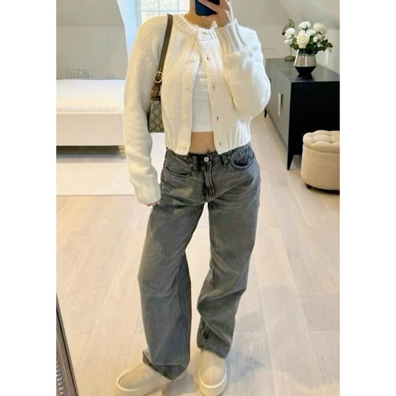 

Combhasaki Women Button-down Round Neck Cardigan Single Breasted Long Sleeve Loose Fit Cropped Knitwear Coat Casual Outwear Tops