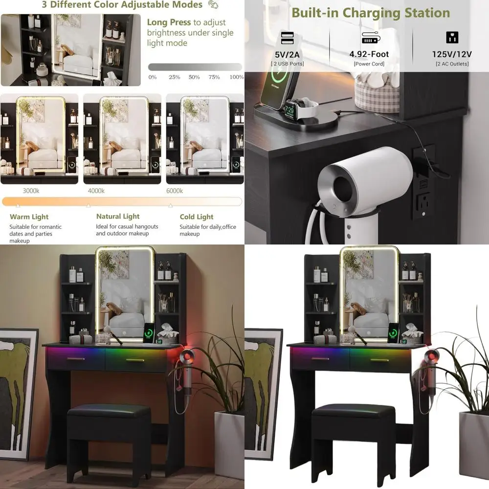 Illuminated Makeup Vanity Desk with Adjustable 3-Way Lighting and Chair for Women & Girls
