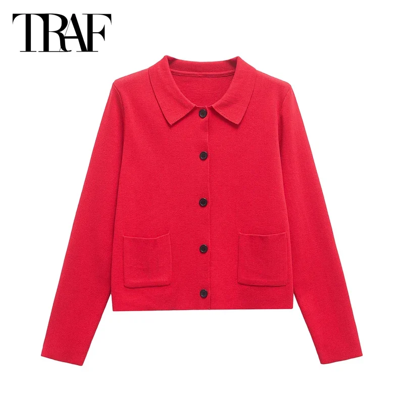 

TRAF 2025 Women's Red Short Cardigans Spring Elegant Long Sleeve Knitted Sweater Coat Fashion Casual Cropped Knitwear Outerwears