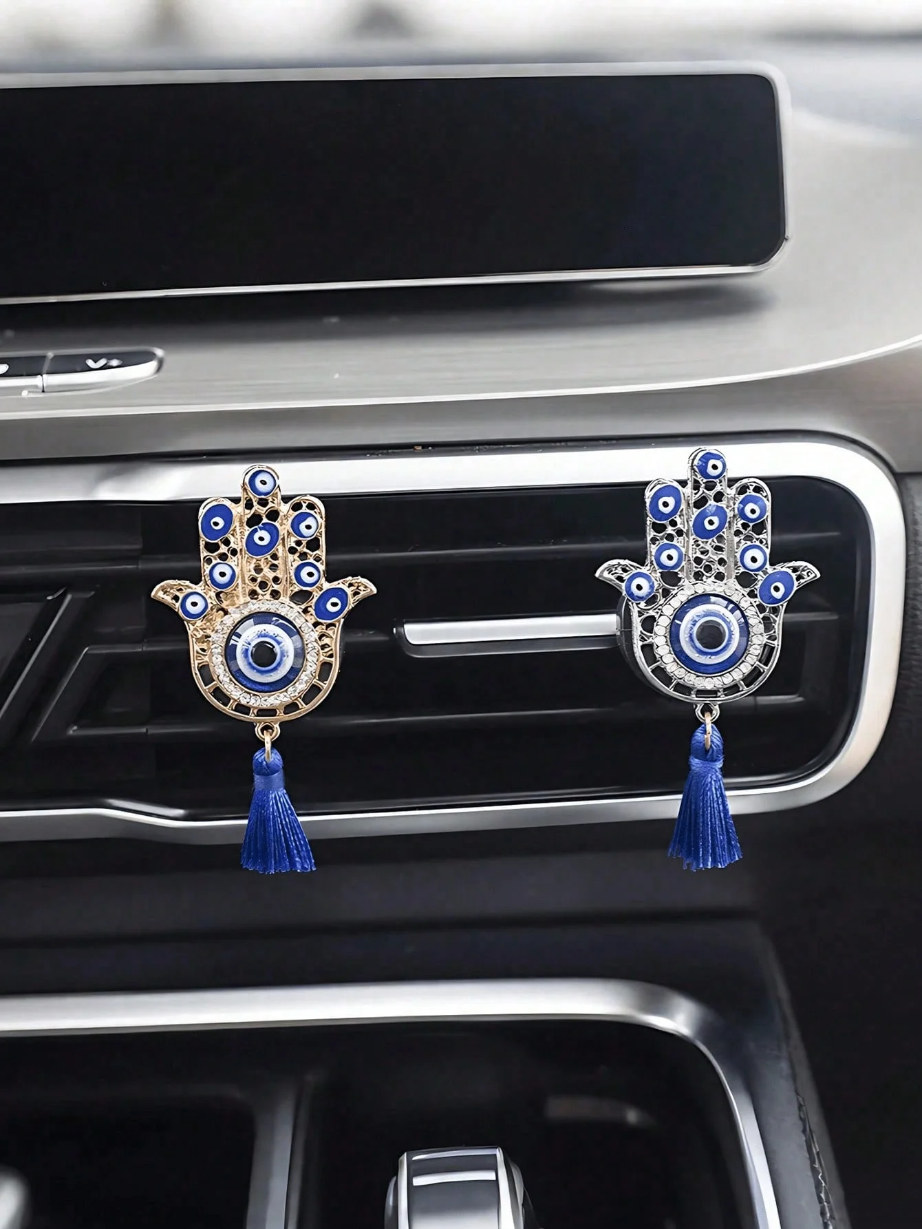 مشبك برائحة اليد همسة بفتحة تهوية السيارة، عين الشر مع شرابة زرقاء، حامل معطر هواء مزخرف، ملحق لوحة القيادة الأنيق، مثالي