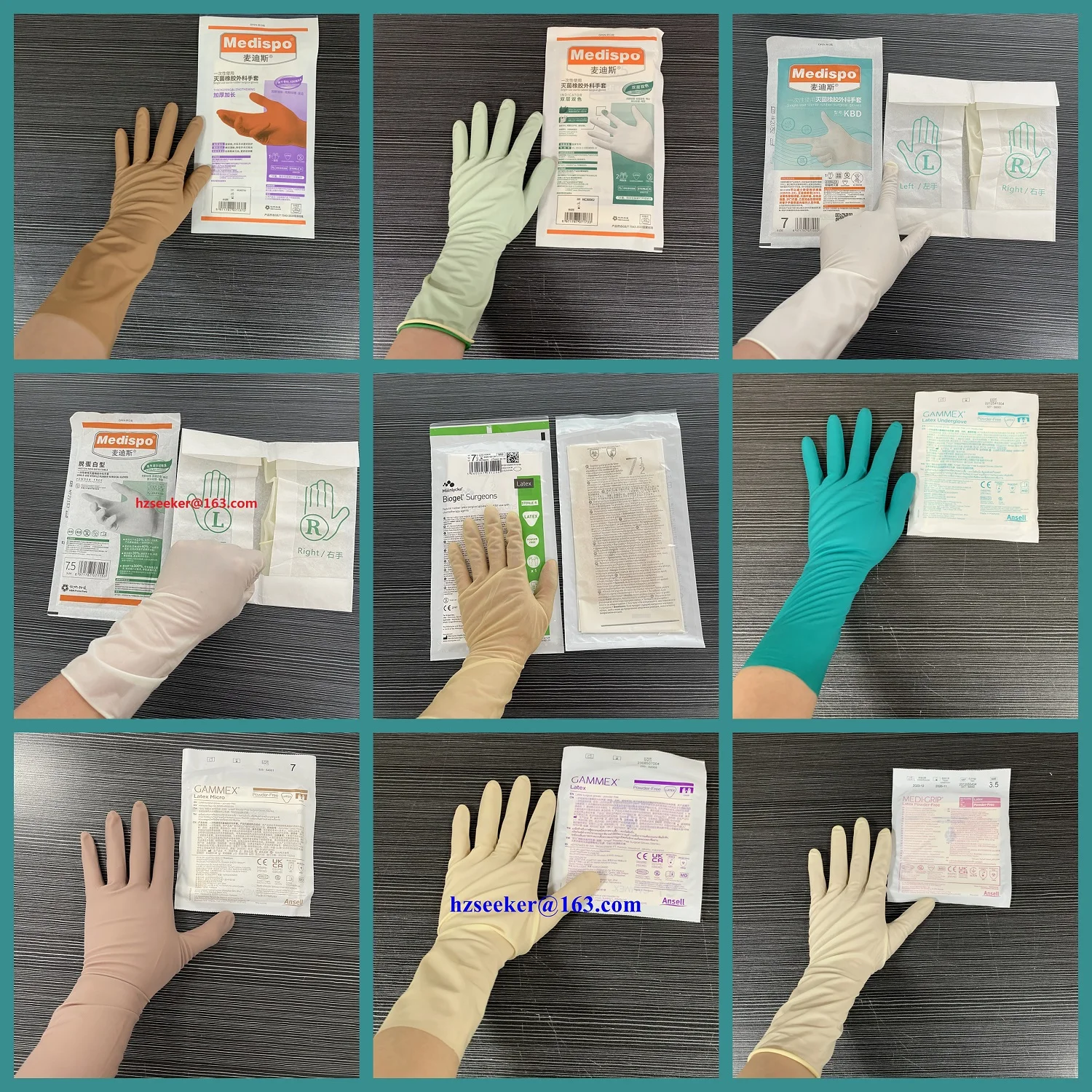 

9 types of glove combinations for sale lengh12 inch(about 30cm) Ansell Medispo brown green natural latexx