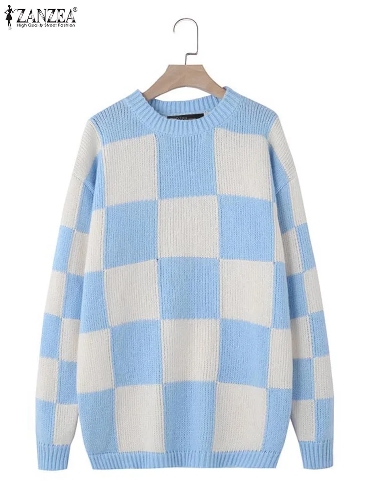 ZANZEA Women Pullovers Sweaters 2025 Autumn Winter Knitted Casual Jumpers Oversized Plaid Loose Long Sleeve Top Fashion Sweater