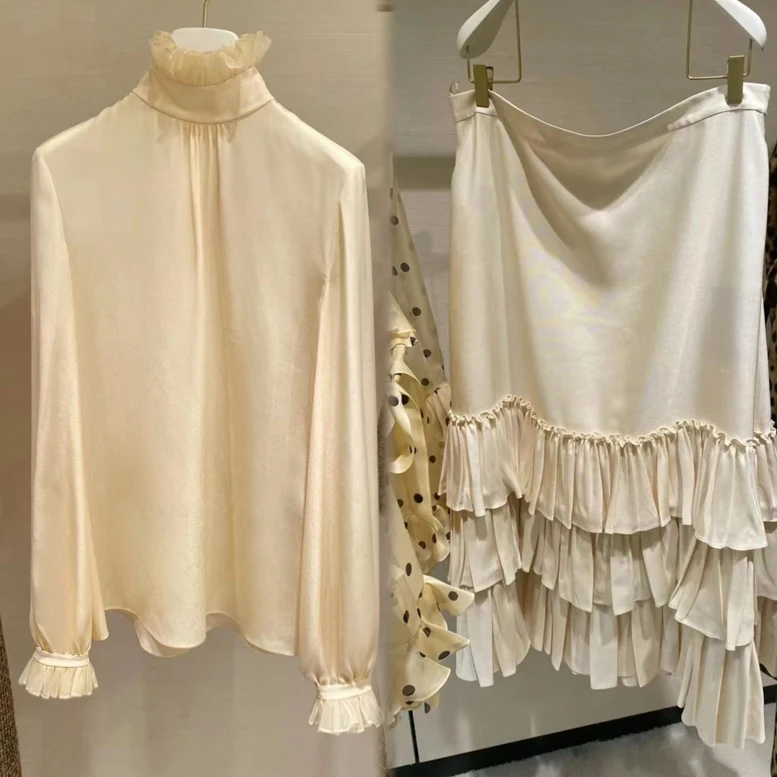 

Элегантная шелковая блузка с длинным рукавом и плиссированной юбкой, высокий воротник, многослойный дизайн, модный ретро-стиль, женская деловая повседневная одежда