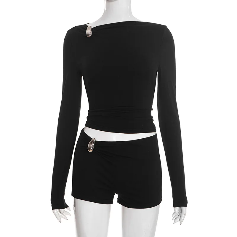 Wine Red 2 Piece Set Women Long Sleeve Crop Top and Shorts Slim Fit Bodycon Outfit with Metal Decor Fashion Casual Party Sets