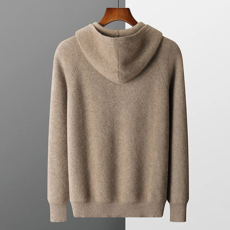 Autumn and winter new 100 pure cashmere cardigan men hooded shoulder zipper loose coat sweater wool knit top