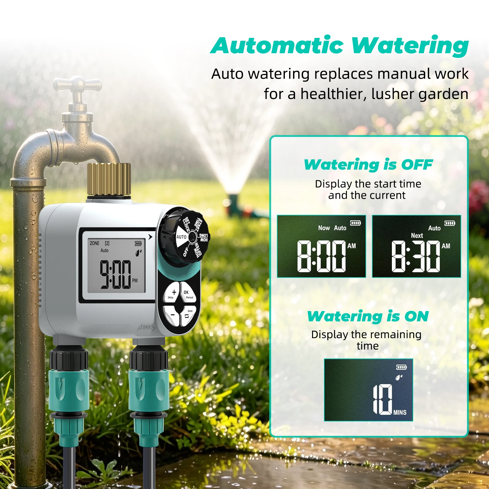 Yieryi Dual Zone Automatic Water Timer IP55 Waterproof Sprinkler Hose Timer Digital Electronic Garden Irrigation Controller