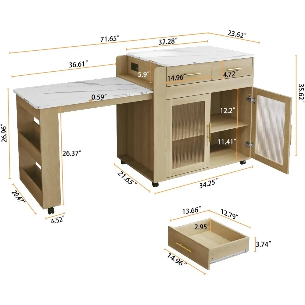 Extendable Kitchen Island on Wheels,Marble Grain Top Kitchen Island Table with Storage Cabinet and Drawers, Island Table