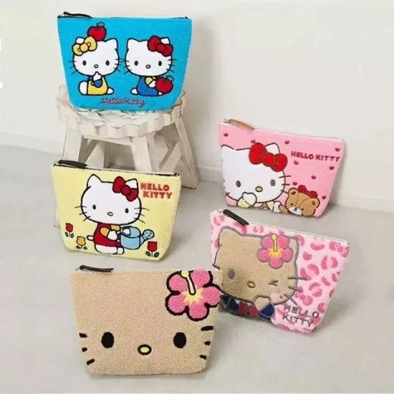 Japanese Style Cartoon Sanrio Plush Embroidered Storage Bag Kawaii HelloKitty Leopard Pattern Makeup Bag Toilet Storage Bag