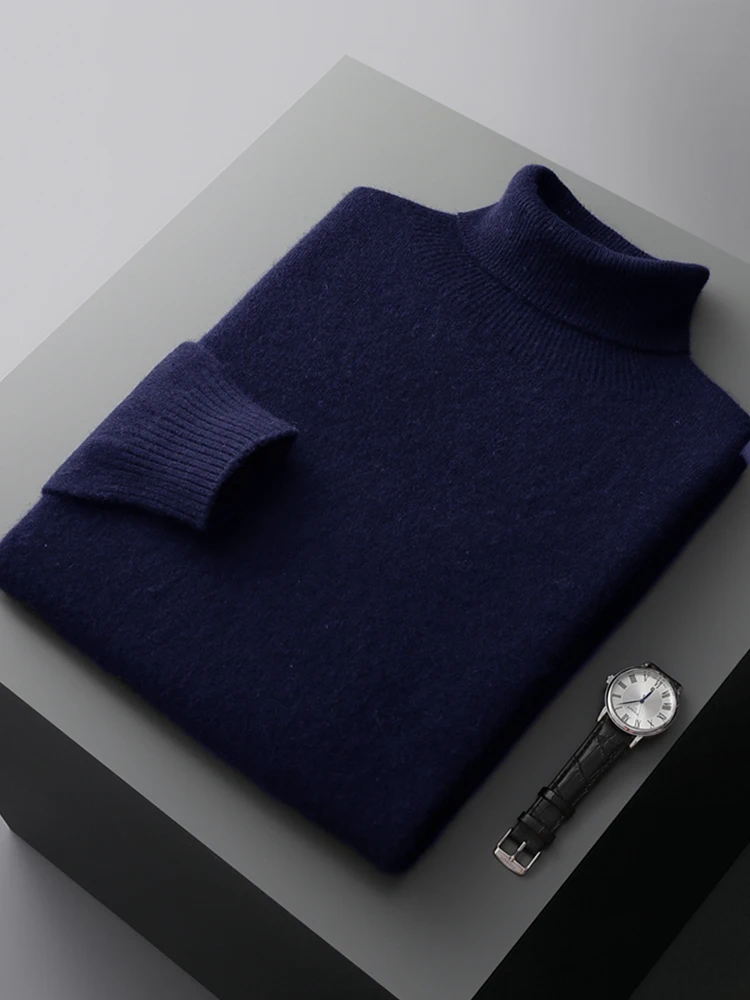 Autumn Man Turtleneck Solid Color Long Sleeve Warm Pullover 100% Merino Wool Knitwear Sweater High End Commerce Thickening Tops