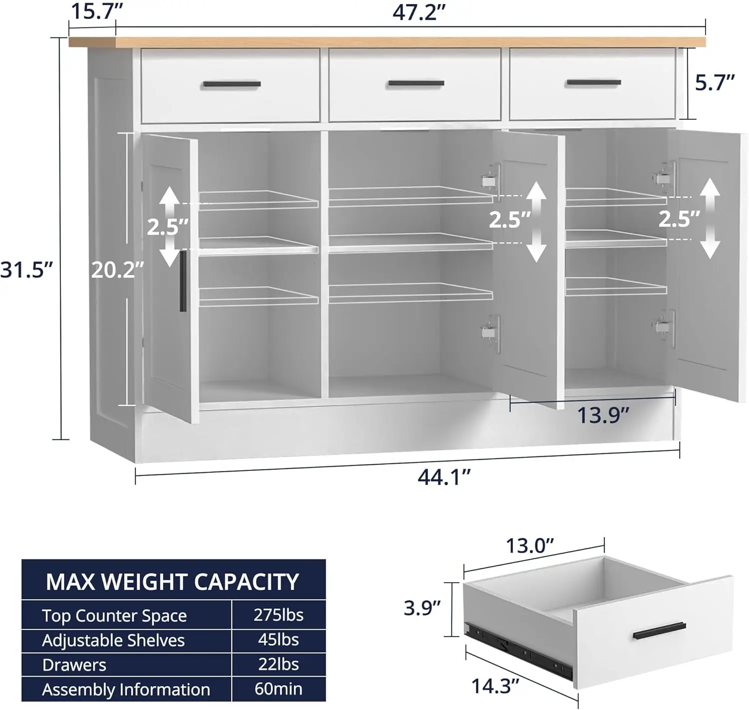 Witte buffetkast met 3 lades, houten consoletafel voor woonkamer, eetkamer, entree – 47,2'W