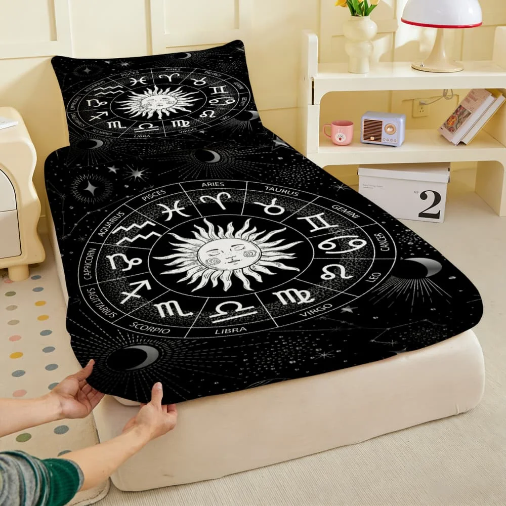 1pc Zodiac Wheel Sun & Moon Print Fitted Sheet Deep Pocket Elastic Mattress Cover Single Double Queen King Bedroom Decor