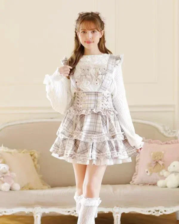 Japanese Mine Liz Sweet Girls Plaid Skirt Women\'s High Waist Bow Lace Strap Skirt Women\'s Loose Bear Print Sweater Top Spring