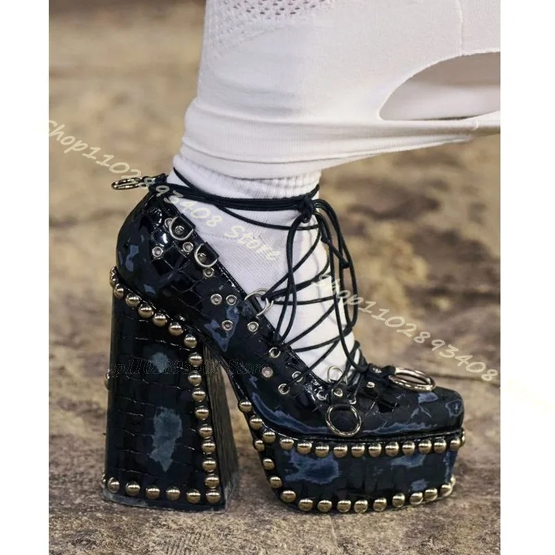 

Platform Rivet Decor Lace up Pumps Round Toe Chunky Heels Women Shoes Spring Banquet British Style Pumps Zapatos Para Mujere