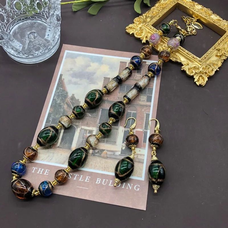 

Western Medieval Glazed Necklace Copper Ear Hook Earrings Antique High-end Design Elegant Temperament Set