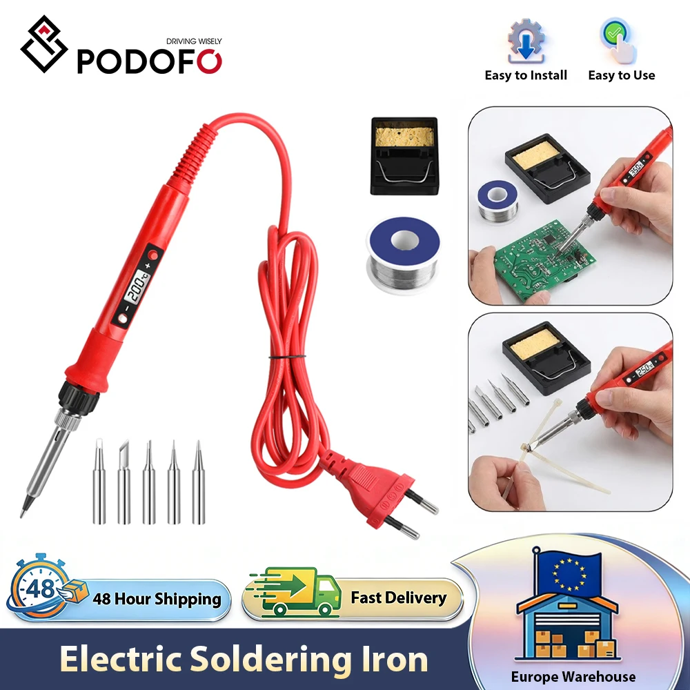 Podofo - Soldador eléctrico de 80 W con enchufe europeo, calentamiento eléctrico para placas de circuitos, reparación de joyas, kit de puntas de soldadura antiescaldaduras